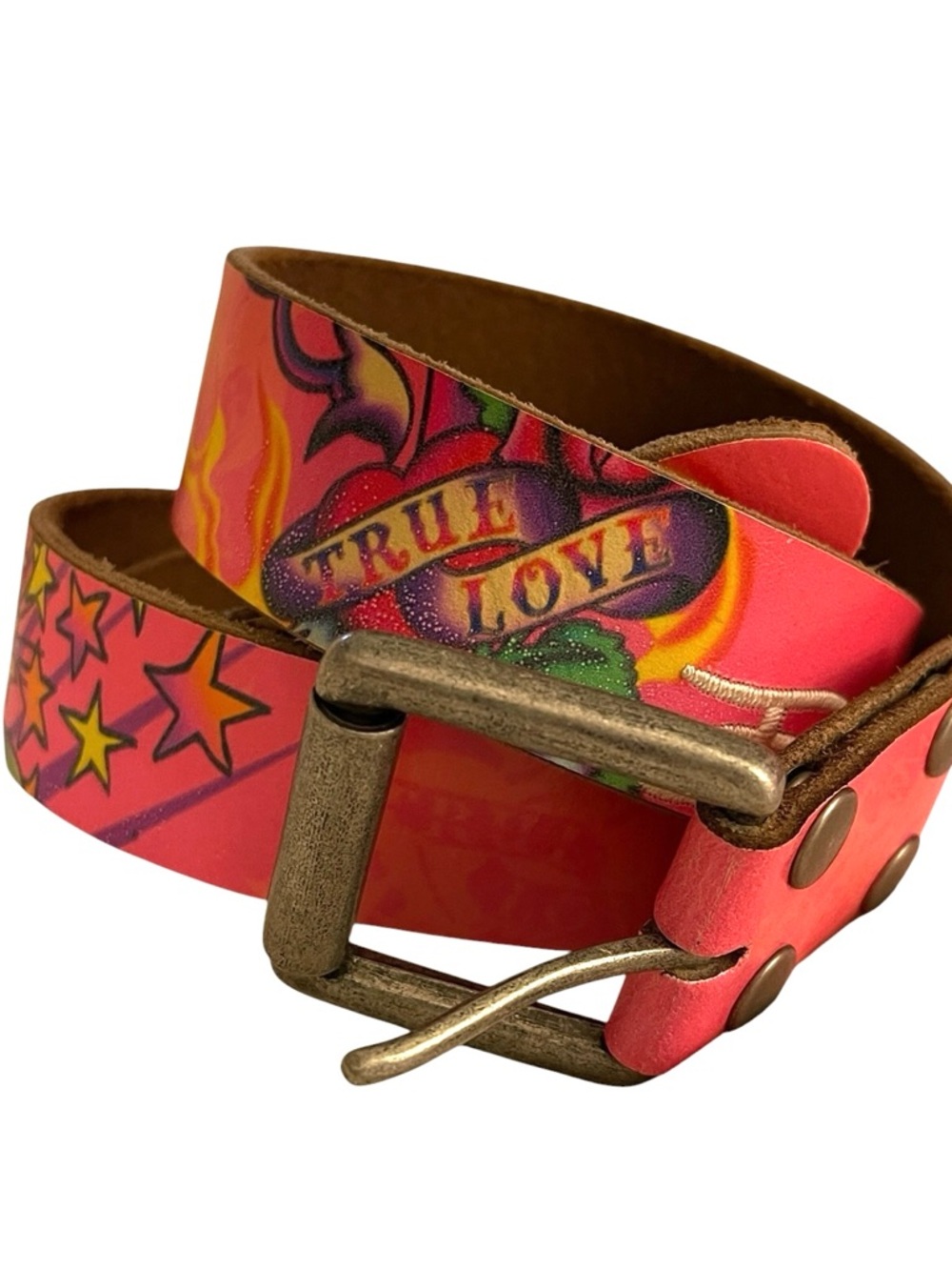 Ed Hardy Pink Tattoo Belt Genuine Leather Y2K Size L EH3104